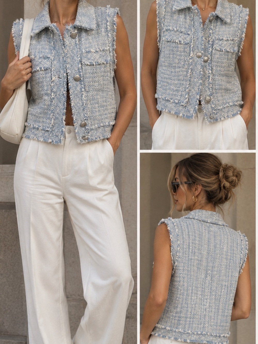 Zara Light Blue Tweed Fringe Vest